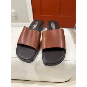 Leather Collection Brown Slide Sandals Wedge Heel Women Size 9 Made in Italy